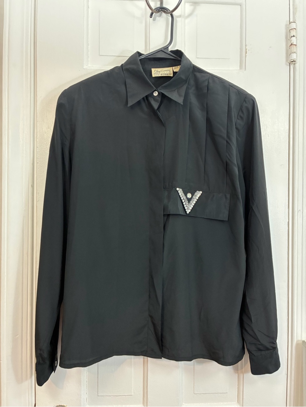 Vintage 90s Oleg Cassini Black Button Down Shirt Beaded Oversized - Size 10